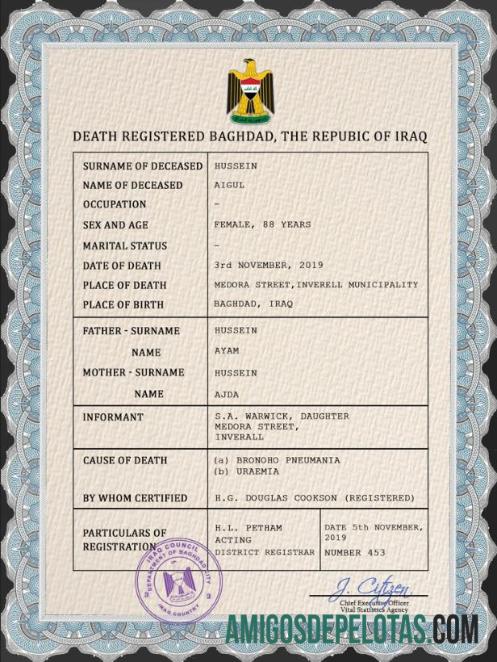 Imprimível modelo PSD de certidão de óbito de registro vital do Iraque